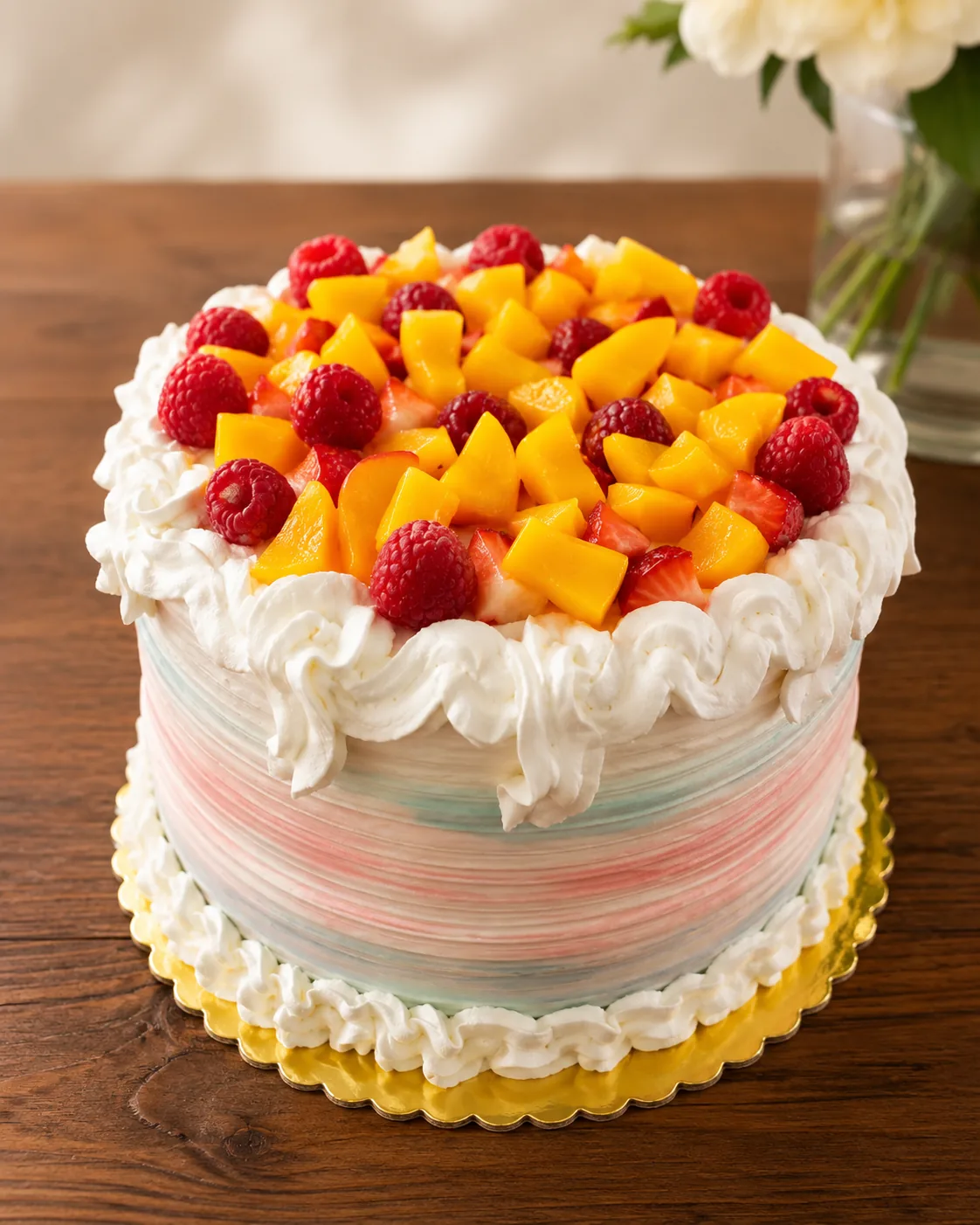 Decorated cake — Chantilly cream, peach, strawberry, raspberry
