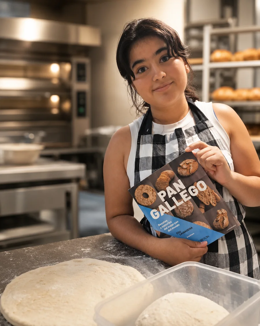 Krisbell Sanchez in the bakery — in her apron, holding a Spanish bread book beside trays of fresh dough